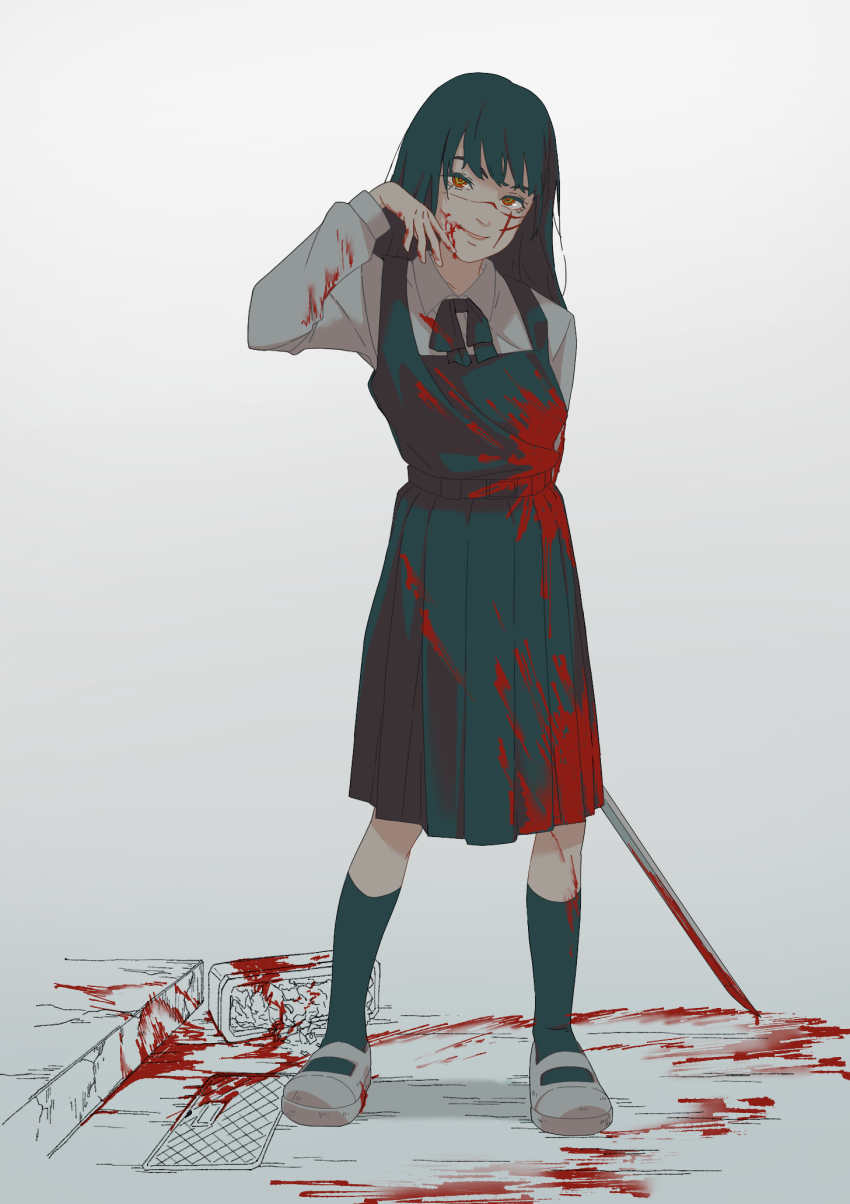 1girl, black_hair, black_socks, blood, blood_on_clothes, blood_on_face, blood_on_ground, bloody_weapon