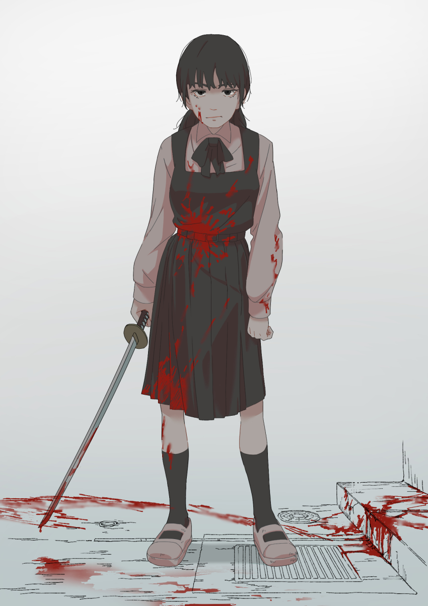 1girl, black_hair, black_socks, blood, blood_on_clothes, blood_on_face, blood_on_ground, chainsaw_man