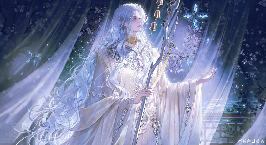 1boy, absurdres, bell, brown_eyes, chinese_clothes, chinese_commentary, closed_mouth, cowboy_shot, crystal, curtained_hair, curtains, falling_petals, floating, floating_object, flower, hair_ornament, hand_up, hanfu, highres, holding, holding_staff, jewelry, lips, long_hair, long_sleeves, looking_at_object, male_focus, mandarin_collar, necklace, night, parted_bangs, petals, profile, qing_ri_huanghun, robe, sash, see-through_curtains, shawl, silver_necklace, smile, snake_hair_ornament, solo, staff, standing, tree, very_long_hair, water, watermark, wavy_hair, weibo_watermark, white_flower, white_hair, white_robe, white_sash, white_shawl, yi_meng_jianghu