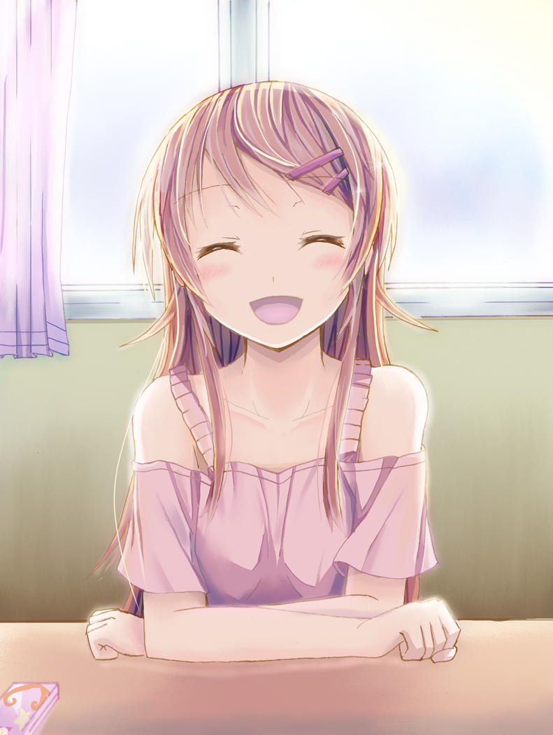 1girl, aoi_usagi_(marinebluerabbit), bare_shoulders, brown_hair, casual, closed_eyes, female_focus, kousaka_kirino