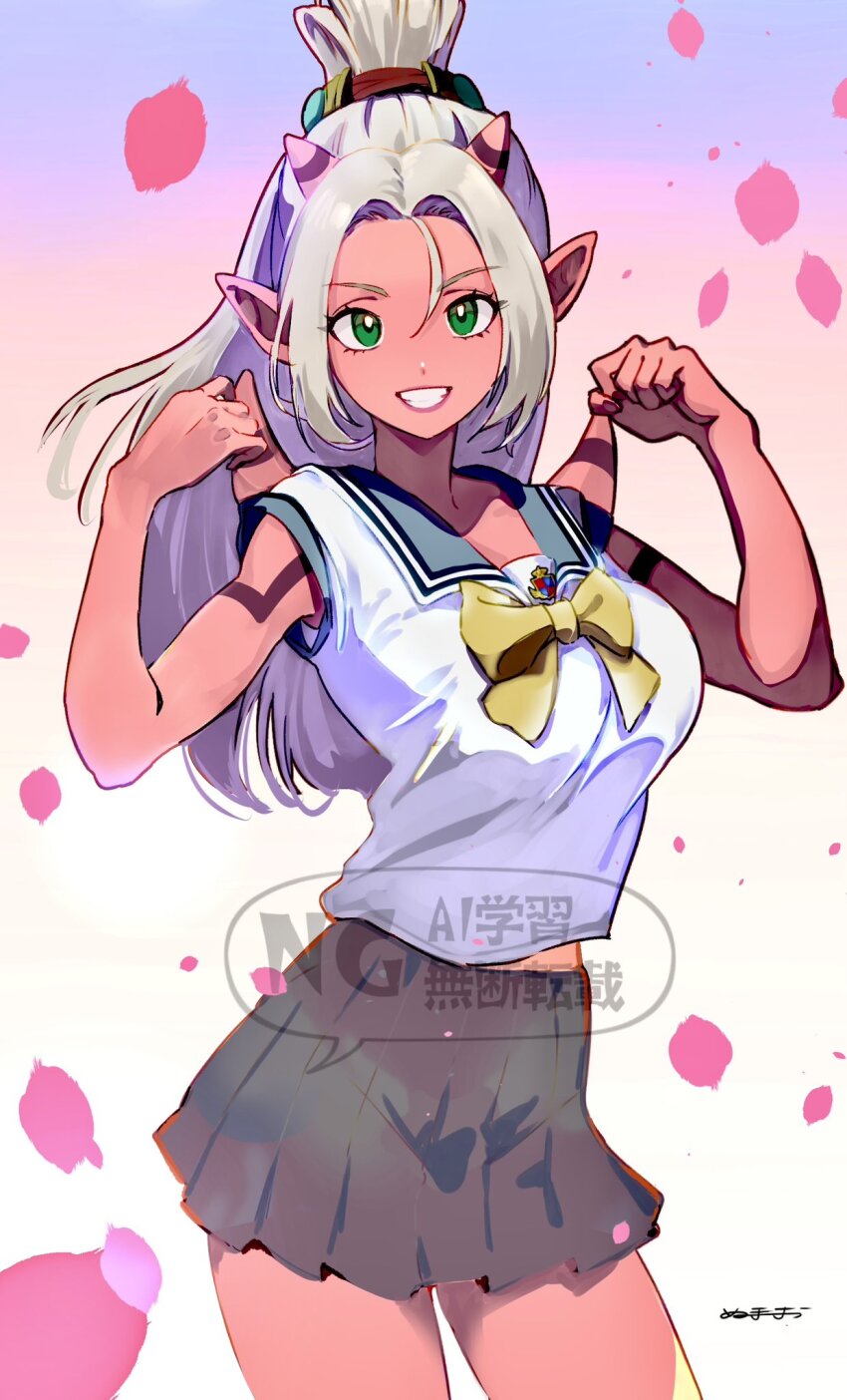 1girl, alternate_costume, bow, breasts, colored_skin, commentary_request, cowboy_shot, dragon_quest