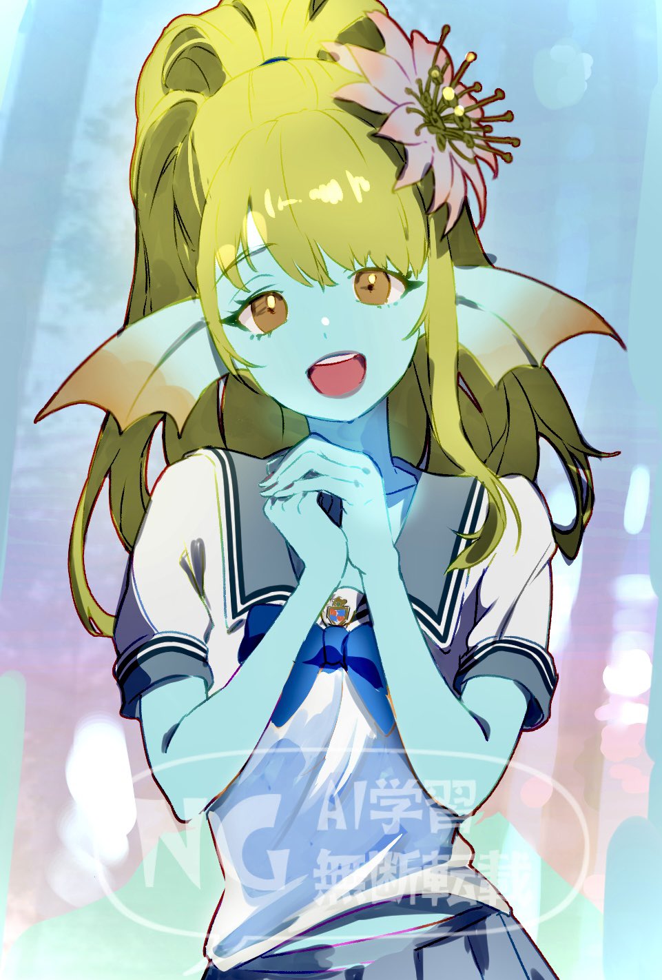 1girl, alternate_costume, black_nails, blonde_hair, blue_bow, blue_skin, blurry, blurry_background, bow, brown_eyes, colored_skin, commentary_request, dragon_quest, dragon_quest_x, fins, fish_girl, flower, hair_flower, hair_ornament, head_fins, head_tilt, high_ponytail, highres, linache_(dq10), looking_at_viewer, midriff_peek, numao_sub, open_mouth, own_hands_together, ponytail, school_uniform, short_sleeves, smile, solo, upper_body, watermark