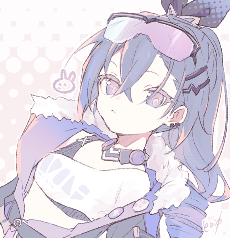 1girl, :<, black_jacket, bow, cropped_shirt, crossed_bangs, dutch_angle, ebi0_r, eyewear_on_head, grey_eyes, grey_hair, hair_between_eyes, hair_bow, honkai:_star_rail, honkai_(series), jacket, long_hair, looking_at_viewer, ponytail, shirt, silver_wolf_(honkai:_star_rail), sleeveless, sleeveless_shirt, solo, upper_body, white_shirt