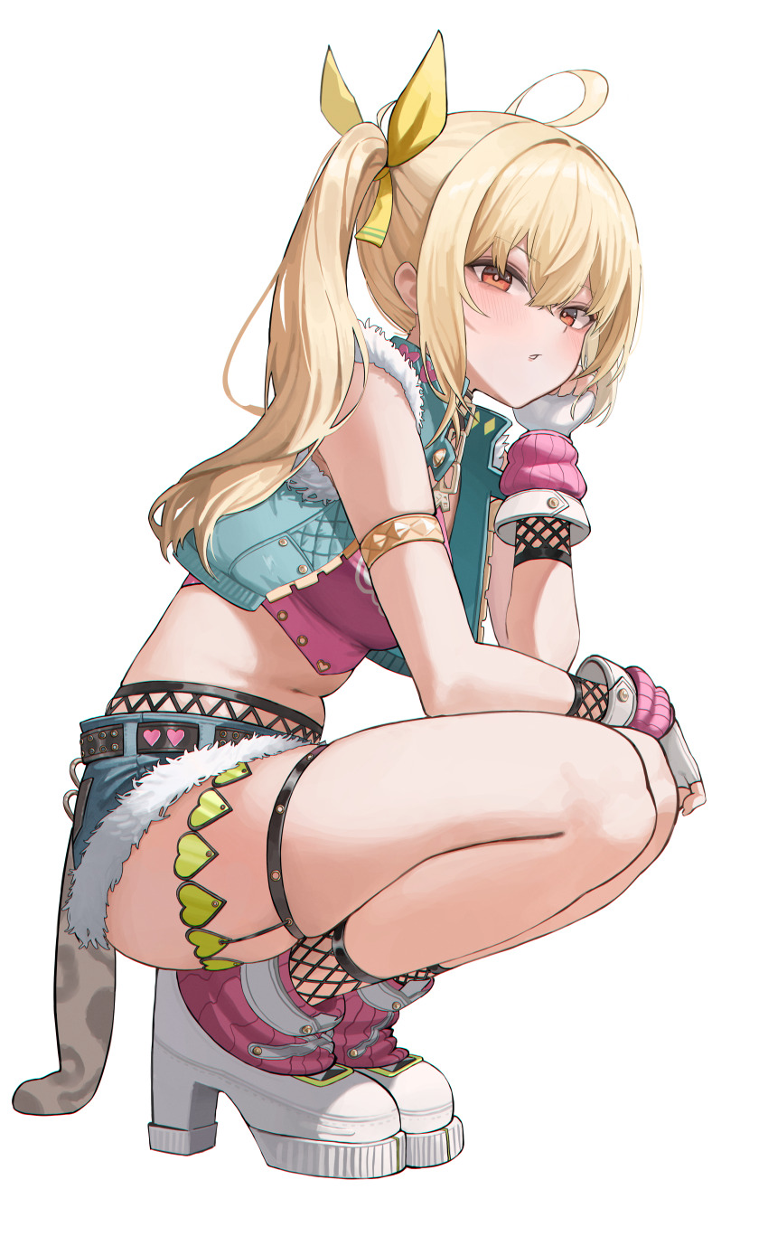 1girl, absurdres, ahoge, blonde_hair, blue_jacket, che_(komulkomul48), commentary_request, cosplay, denim, denim_shorts, fingerless_gloves, from_side, full_body, gloves, high_heels, highres, jacket, long_hair, luciana_de_montefio, midriff, navel, nicole_demara, nicole_demara_(cosplay), nicole_demara_(cunning_cutie), parted_lips, pink_tank_top, red_eyes, shoes, shorts, side_ponytail, simple_background, solo, squatting, stomach, tank_top, thighs, white_background, white_gloves, white_shoes, zenless_zone_zero