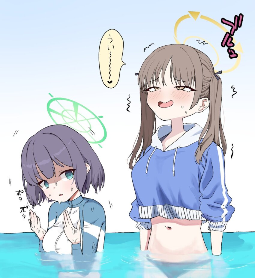 2girls, bikini, bikini_bottom_only, blue_archive, blue_hoodie, breasts, brown_hair, cropped_hoodie