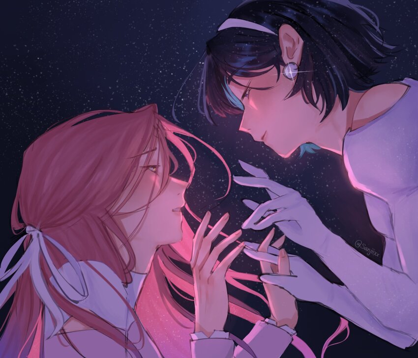 2girls, alien_stage, arm_cutout, artist_name, black_hair, bob_cut, clothing_cutout, commentary