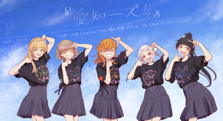 5girls, :d, alt_text, arashi_chisato, arched_bangs, black_hair, black_shirt, blonde_hair