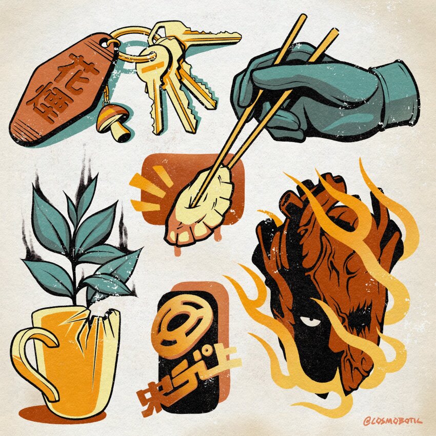 1boy, charm_(object), chopsticks, crack, csmbtc, cup, disembodied_hand, dorohedoro