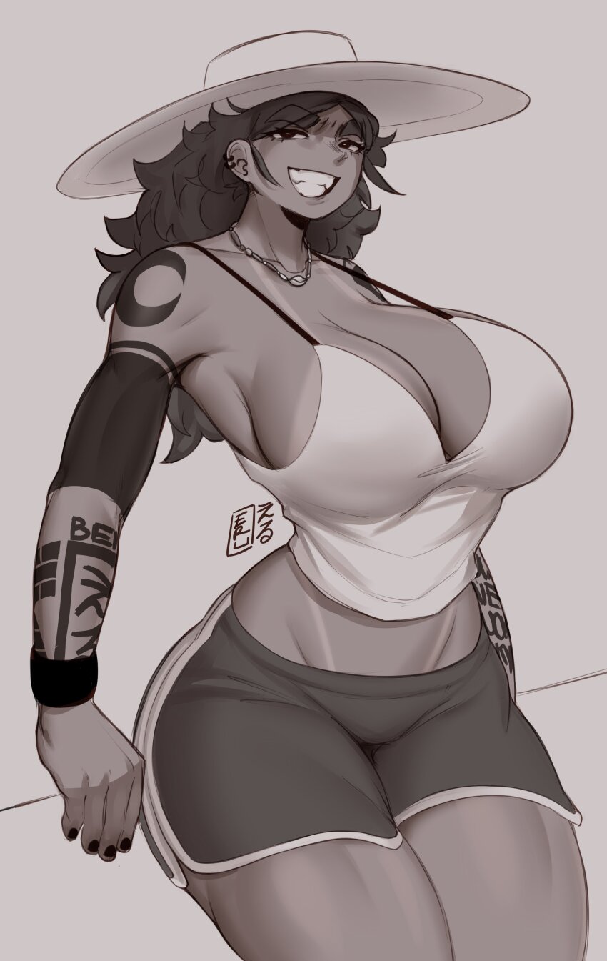 1girl, absurdres, arm_tattoo, bare_shoulders, black_nails, breasts, character_request, cleavage