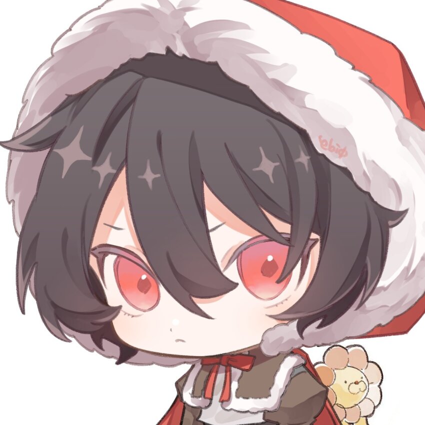 >:(, 1girl, black_hair, chibi, ebi0_r, fur-trimmed_hood, fur_trim, hair_between_eyes