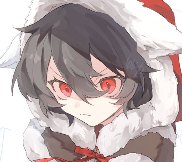 >:(, 1girl, black_hair, ebi0_r, fur-trimmed_hood, fur_trim, hair_between_eyes, hood