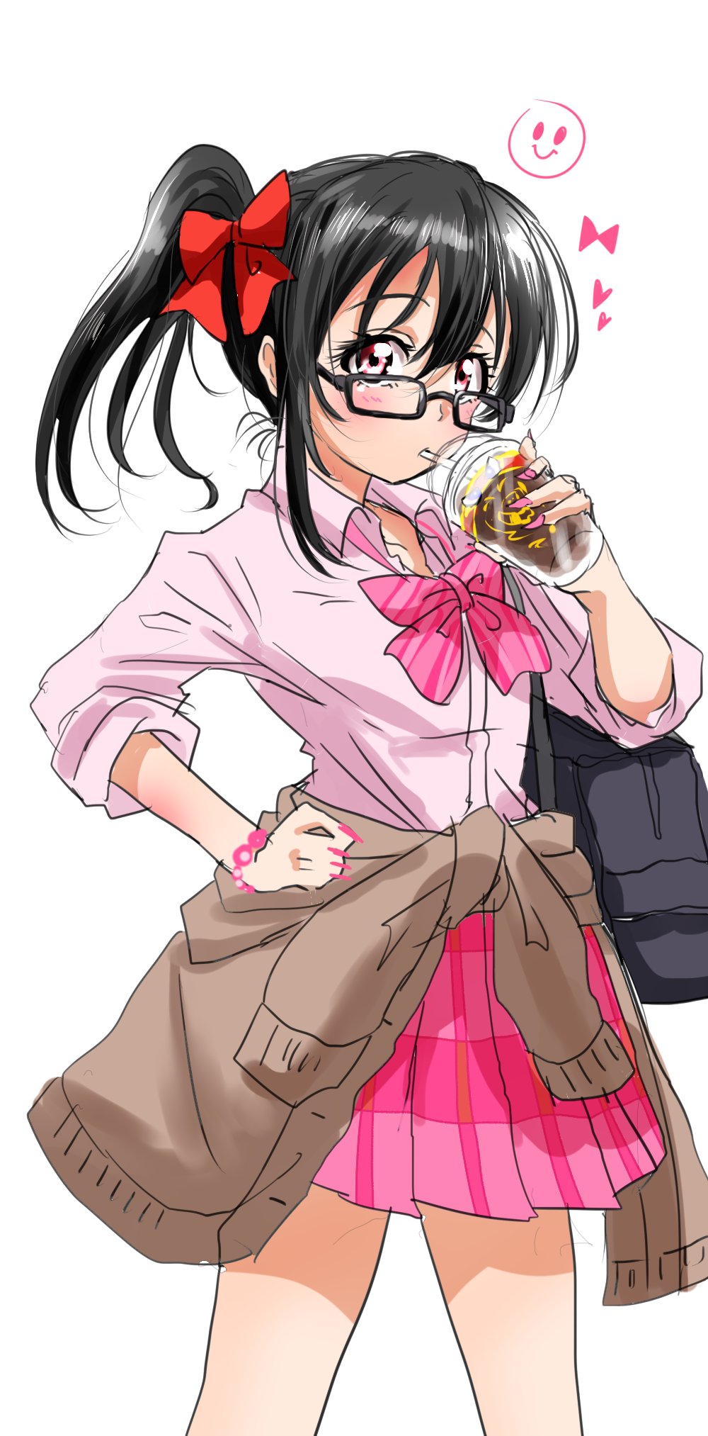 1girl, alternate_costume, black-framed_eyewear, black_eyes, bow, bowtie, brown_cardigan, cardigan