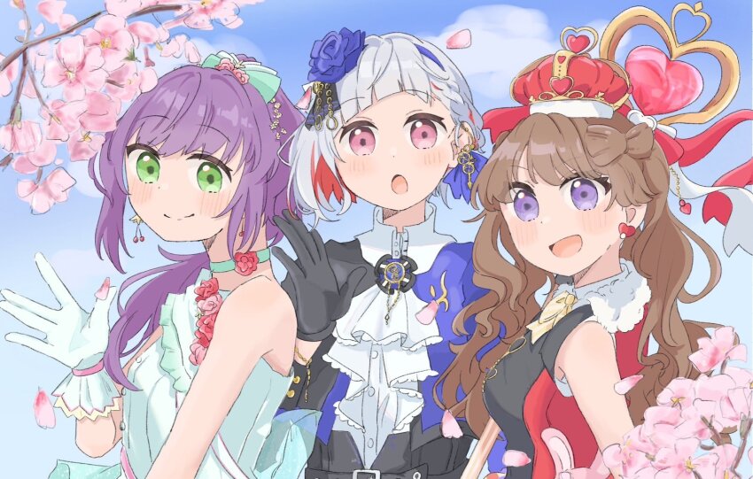 3girls, :d, :o, \||/, aqua_choker, arched_crown, ascot, black_gloves