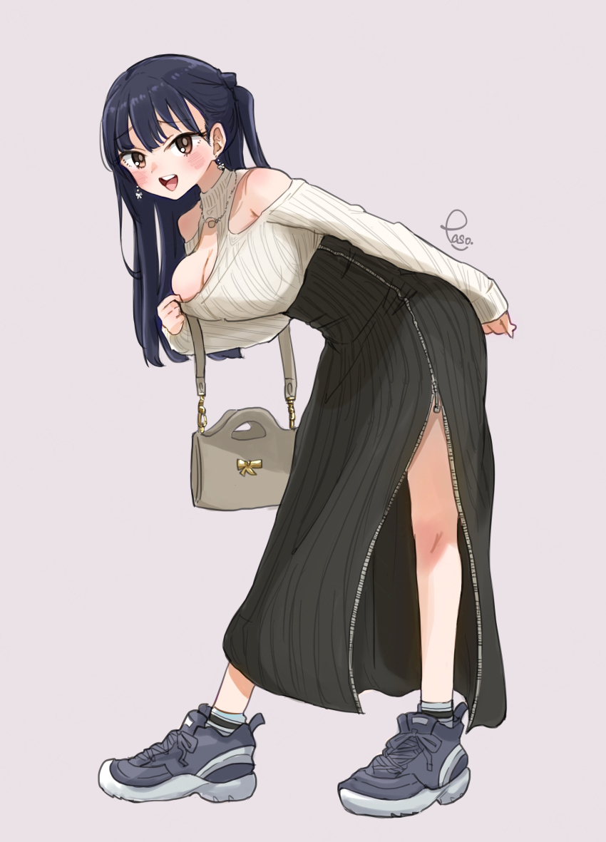 1girl, absurdres, alternate_hairstyle, bag, bare_shoulders, black_hair, black_skirt, blue_shoes