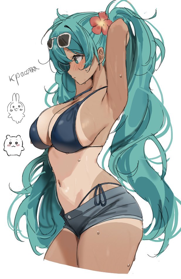 1girl, aqua_eyes, aqua_hair, blue_shorts, brazilian_miku, breasts, cropped_legs, denim