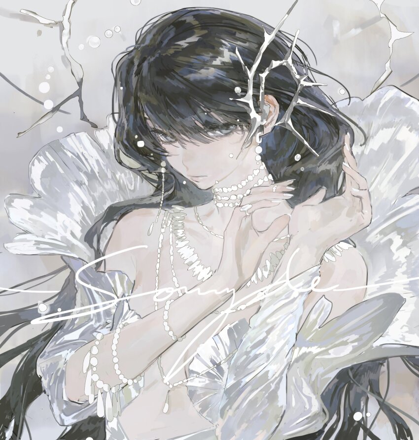 1girl, bare_shoulders, black_eyes, black_hair, breasts, collarbone, curly_hair, dress