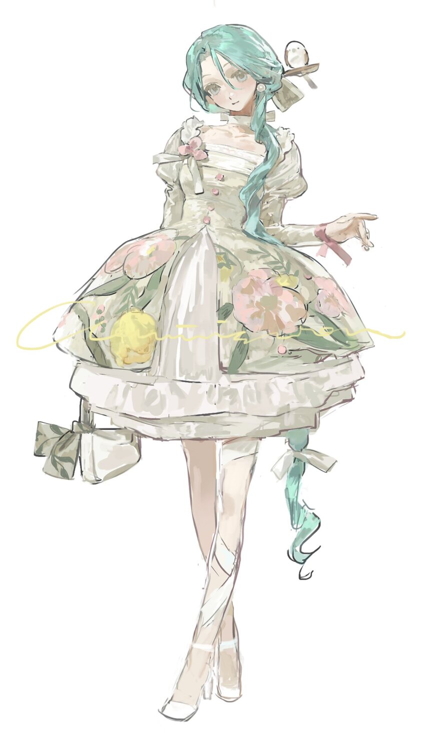 1girl, arm_behind_back, bag, bird, blue_eyes, blue_hair, buttons, curly_hair