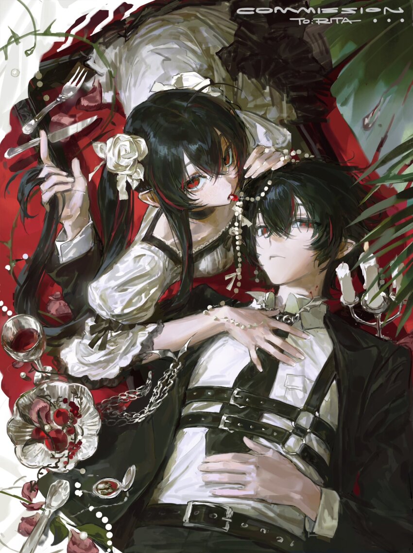 1boy, 1girl, belt, black_bow, black_choker, black_hair, black_suit, bow