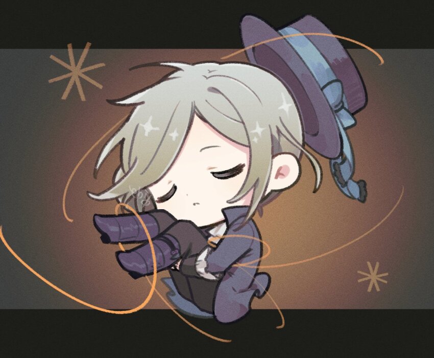 1girl, black_pants, blue_bow, boater_hat, boots, bow, chibi, closed_eyes