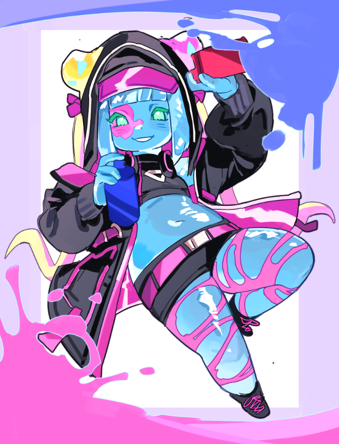 1girl, belt, black_coat, black_shorts, black_tank_top, blue_skin, coat, colored_skin