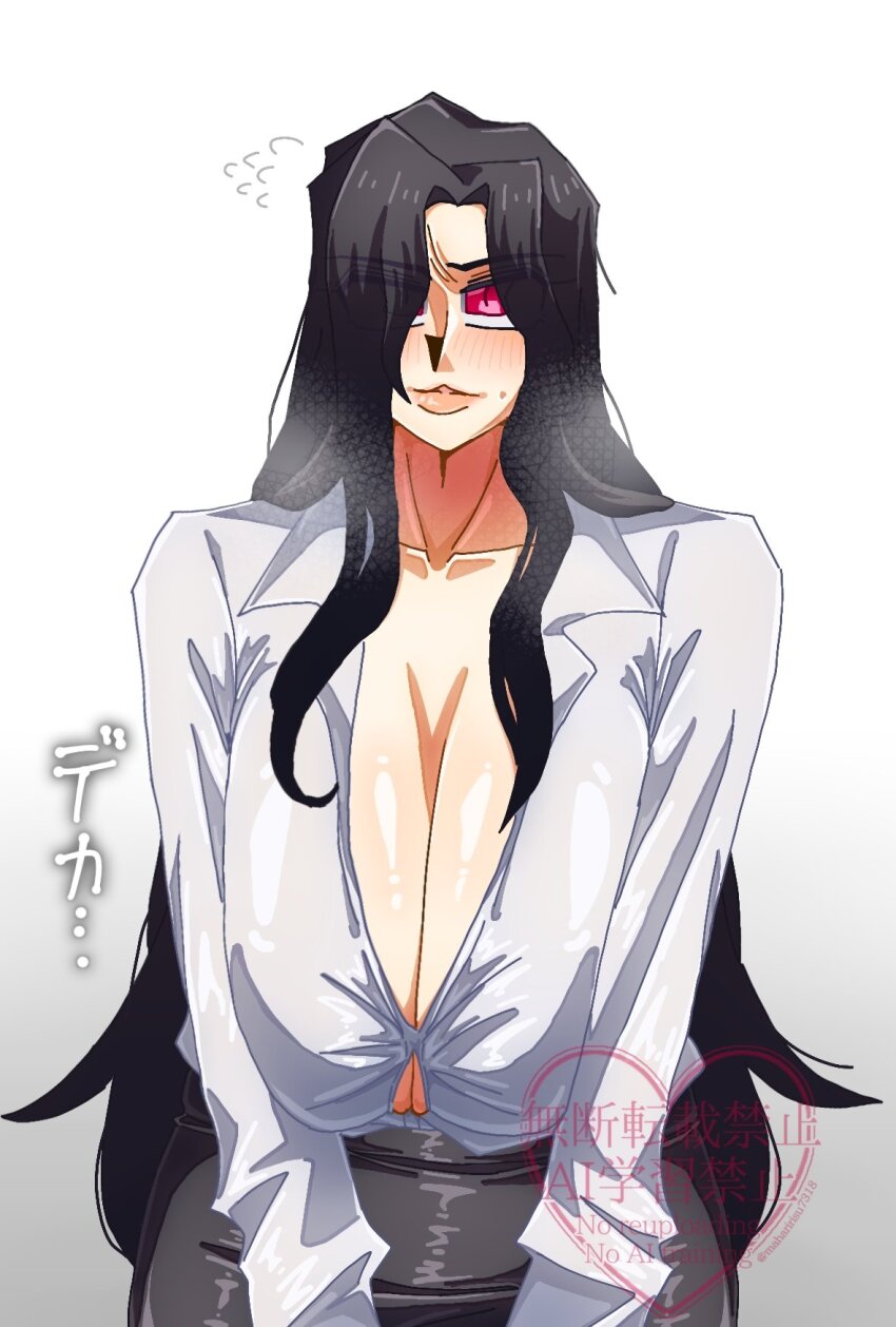 alternate_breast_size, bangs_over_one_eye, black_hair, blush, breasts, breasts_squeezed_together, cleavage, female_focus