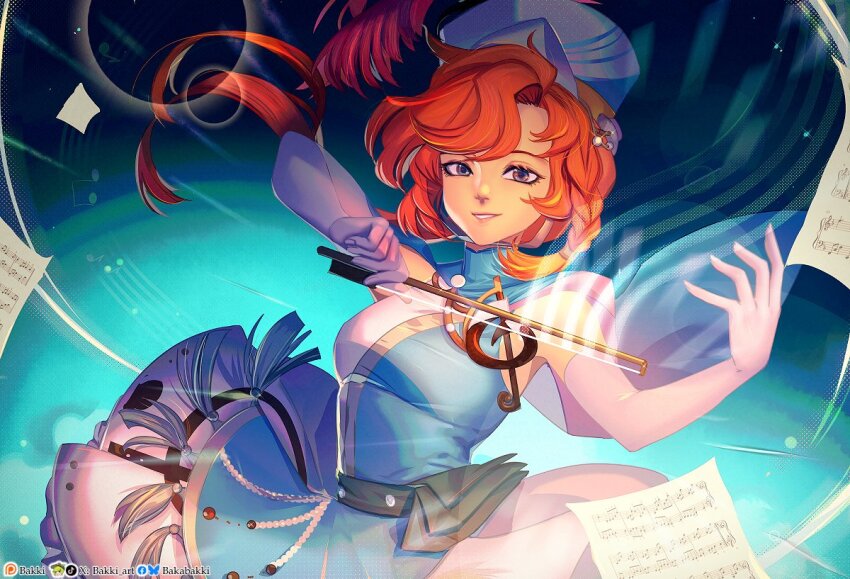 1girl, artist_name, bakki, barcarola_(as_the_sea_breeze_leads)_(reverse:1999), barcarola_(reverse:1999), blue_background, blue_cape, blue_dress