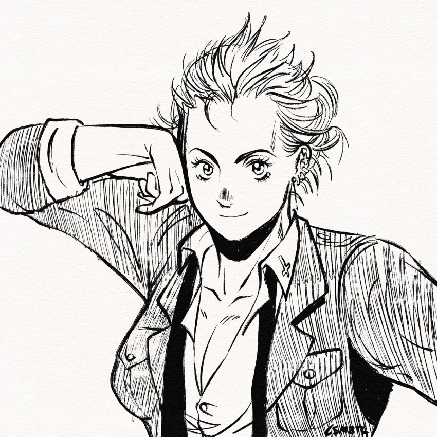 1girl, breasts, cleavage, closed_mouth, cross_earrings, csmbtc, dorohedoro, earrings