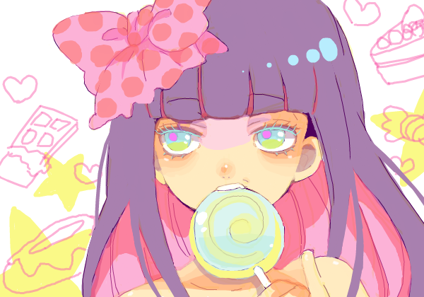 10s, 1girl, bad_drawr_id, bad_id, bow, cake, candy, chocolate