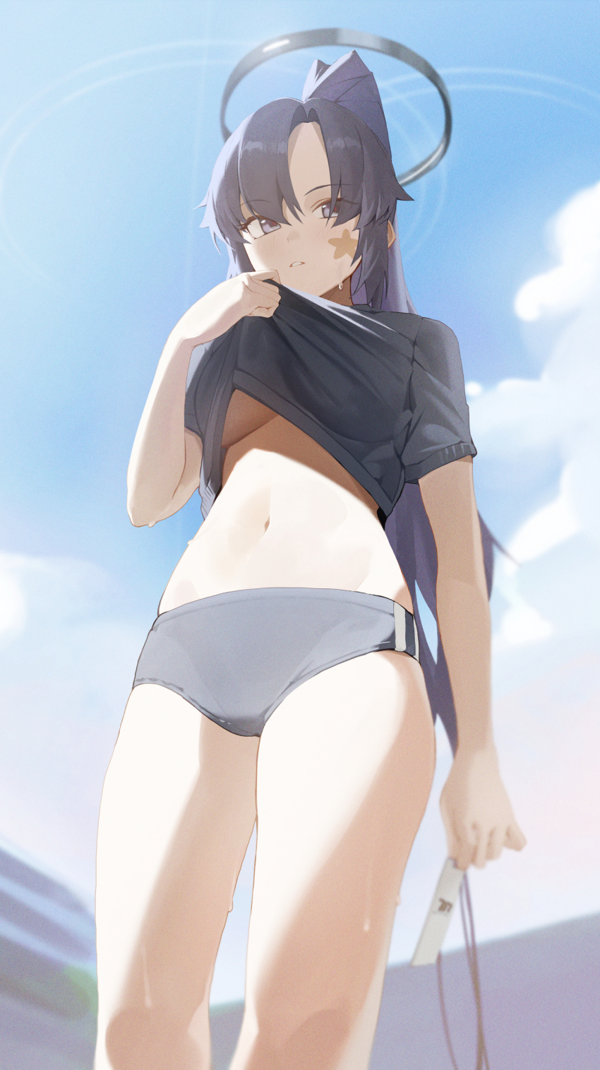 1girl, arms_up, black_halo, black_shirt, blue_archive, blue_buruma, blue_eyes, blue_hair, blue_sky, blush, breasts, buruma, clothes_lift, cloud, cloudy_sky, commentary_request, day, feet_out_of_frame, gym_shirt, hair_between_eyes, hair_intakes, half_updo, halo, highres, holding_lanyard, lanyard, large_breasts, lifting_own_clothes, long_hair, looking_at_viewer, navel, no_bra, official_alternate_costume, official_alternate_hairstyle, shirt, shirt_lift, sky, solo, standing, star_(symbol), star_sticker, sticker, sweat, thighs, underboob, unworn_lanyard, wiping_face, wiping_with_clothes, yidh_79, yuuka_(blue_archive), yuuka_(track)_(blue_archive)