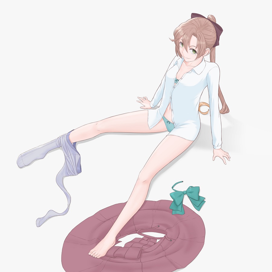 1girl, akigumo_(kancolle), barefoot, black_bow, bow, bowtie, bra, brown_hair