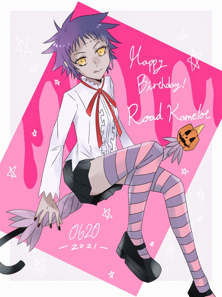1girl, 1other, black_nails, black_shoes, black_skirt, border, colored_skin, colorful_background, creature, d.gray-man, grey_background, grey_skin, happy_birthday, legs, lero, light_smile, long_sleeves, looking_at_viewer, miniskirt, multicolored_thighhighs, noah_(d.gray-man), outside_border, pink_background, pink_thighhighs, pumpkin, purple_hair, purple_thighhighs, purple_umbrella, raia_(pomq_1357), red_ribbon, ribbon, road_kamelot, shirt, shoes, short_hair, sidelocks, skirt, spiked_hair, star_(symbol), thighhighs, thighs, tongue, tongue_out, two-tone_thighhighs, umbrella, white_background, white_border, white_shirt, yellow_eyes, zettai_ryouiki