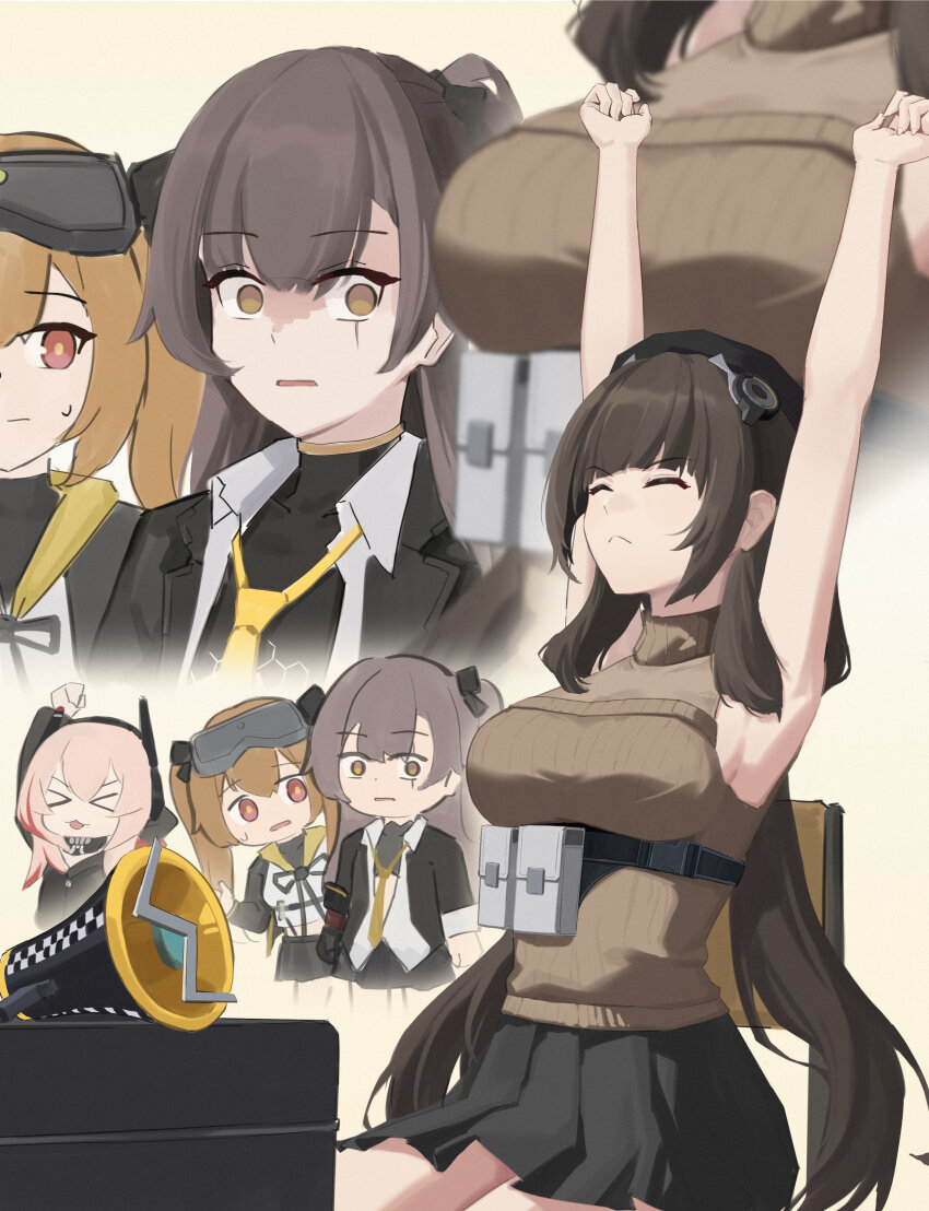 >_<, 4girls, absurdres, armpits, black_hat, black_jacket, black_skirt, breast_envy, breasts, brown_eyes, brown_hair, brown_sweater, chinese_commentary, closed_eyes, closed_mouth, collared_shirt, commentary_request, girls'_frontline, girls'_frontline_2:_exilium, hat, head-mounted_display, highres, jacket, large_breasts, lenna_(girls'_frontline_2), leva_(girls'_frontline_2), long_hair, looking_at_another, loose_necktie, m4_sopmod_ii_(girls'_frontline), megaphone, multicolored_hair, multiple_girls, multiple_views, necktie, one_side_up, open_clothes, open_jacket, open_mouth, partially_unbuttoned, pink_hair, pleated_skirt, pouch, red_hair, ro635_(girls'_frontline), robella_(girls'_frontline_2), sailor_collar, scar, scar_across_eye, scar_on_face, shirt, simple_background, skirt, sleeveless, sleeveless_sweater, sleeveless_turtleneck, soppo_(girls'_frontline_2), streaked_hair, stretching, sweater, turtleneck, twintails, two-tone_hair, ump45_(girls'_frontline), ump9_(girls'_frontline), white_shirt, wutou_qishi_bamamei, yellow_necktie, yellow_sailor_collar