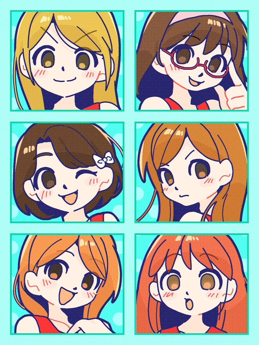 0tamt0, 6+girls, adjusting_eyewear, blush, bow, brown_eyes, brown_hair, character_request