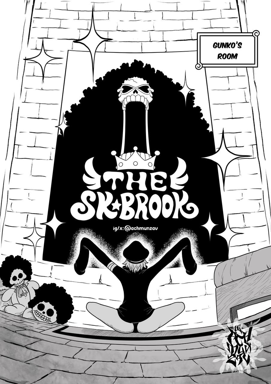 1girl, achmunzav, afro, arms_up, artist_logo, ass, black_jacket, black_panties, brook_(one_piece), character_doll, character_name, doll, english_text, fisheye, gunko, hat, highres, indoors, jacket, logo, military_hat, monochrome, one_piece, open_mouth, panties, poster_(object), princess_shuri, rogatywka, short_hair, sitting, skeleton, sleeves_past_fingers, sleeves_past_wrists, sparkle, sunglasses, underwear, white_hair