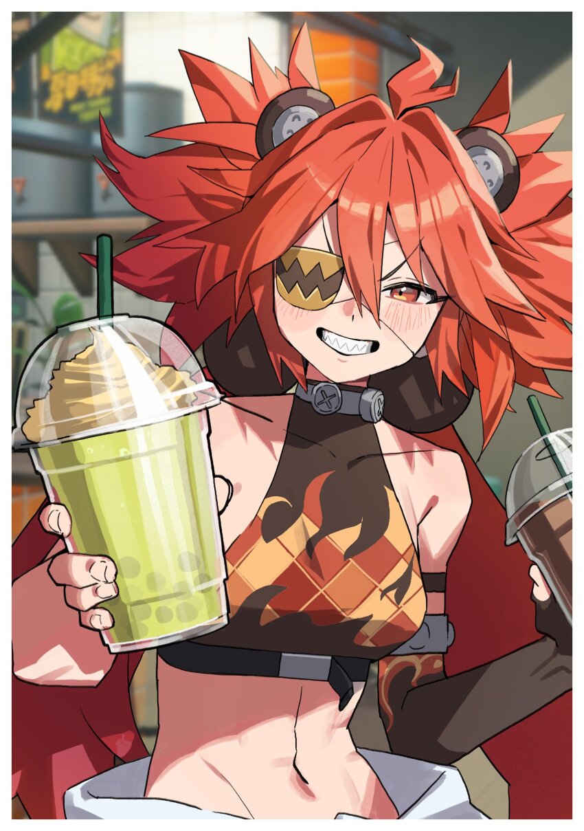 1girl, ahoge, bare_shoulders, blush, brown_shirt, bubble_tea, cafe, clenched_teeth