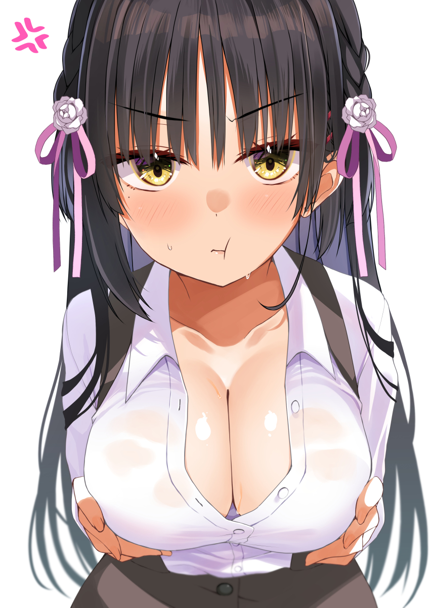 1girl, :t, absurdres, anger_vein, black_hair, blush, breasts, brown_skirt