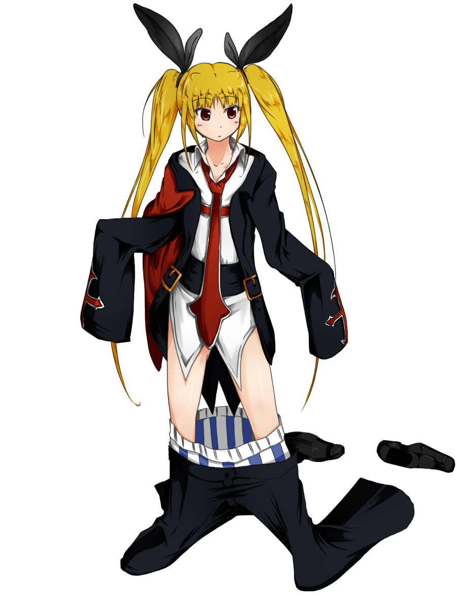 1girl, :<, arc_system_works, blazblue, blonde_hair, boxers, cosplay, dokkanohukukaityou, female_focus, guilty_gear, hair_ribbon, highres, long_hair, male_underwear, oversized_clothes, rachel_alucard, ribbon, simple_background, slayer_(cosplay), slayer_(guilty_gear), slayer_(guilty_gear)_(cosplay), slit_pupils, solo, twintails, underwear, very_long_hair, white_background