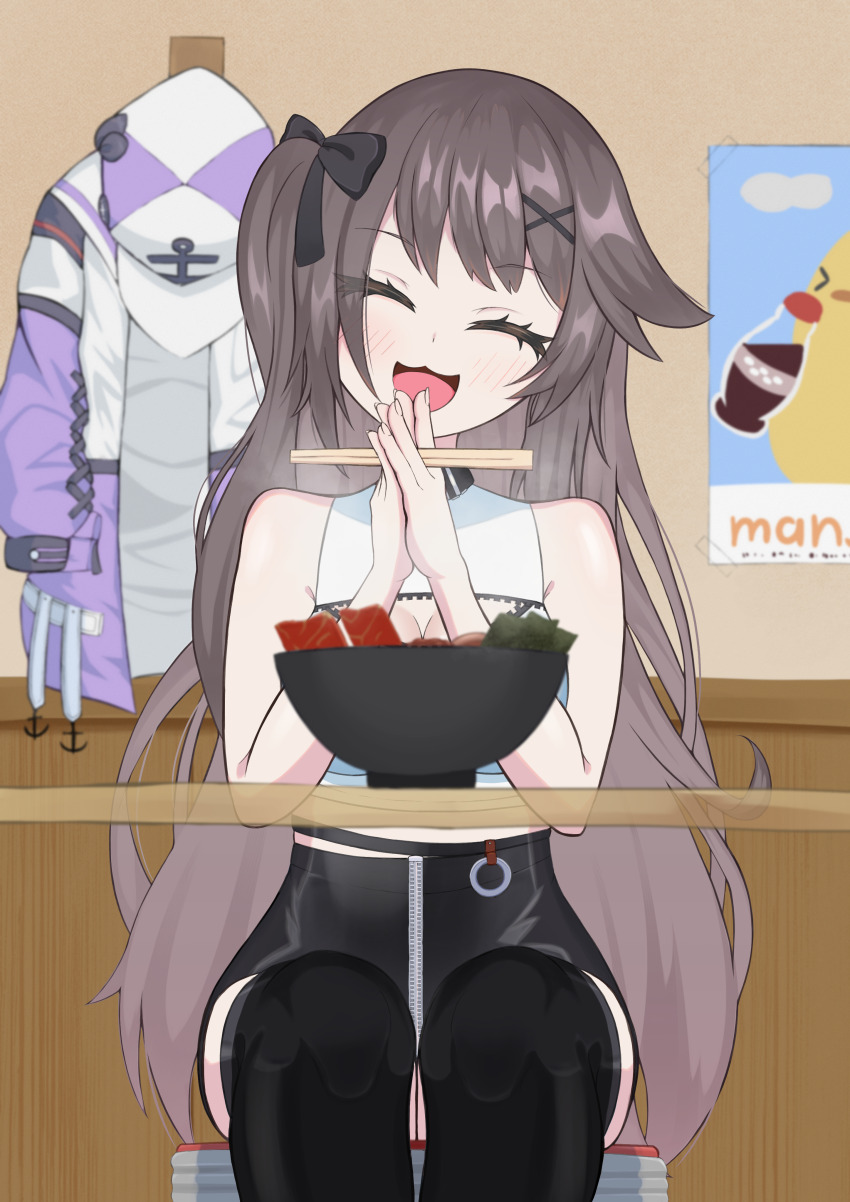 absurdres, azur_lane, bare_shoulders, black_skirt, black_thighhighs, brown_hair, chopsticks, closed_eyes