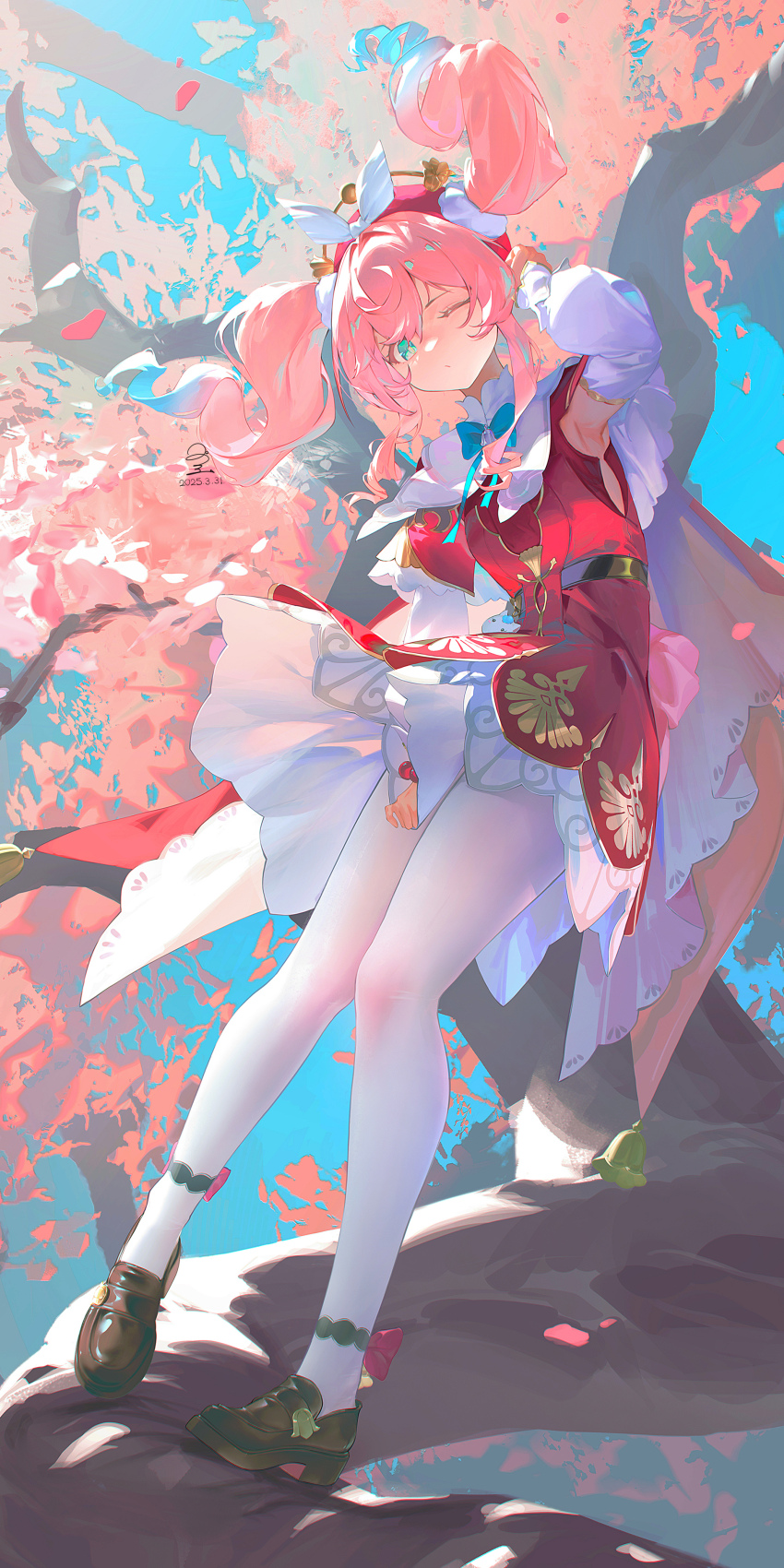 1girl, absurdres, blue_eyes, blue_hair, brown_shoes, dress, floating_hair, full_body, gradient_hair, hat, highres, honkai:_star_rail, honkai_(series), hyacine_(honkai:_star_rail), long_sleeves, multicolored_hair, one_eye_closed, pantyhose, pink_hair, red_dress, red_hat, ribao, shoes, solo, standing, standing_on_branch, twintails, white_pantyhose