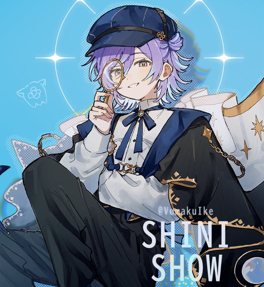 1boy, artist_name, black_cape, black_pants, blue_background, blue_hair, blue_hat, blue_ribbon