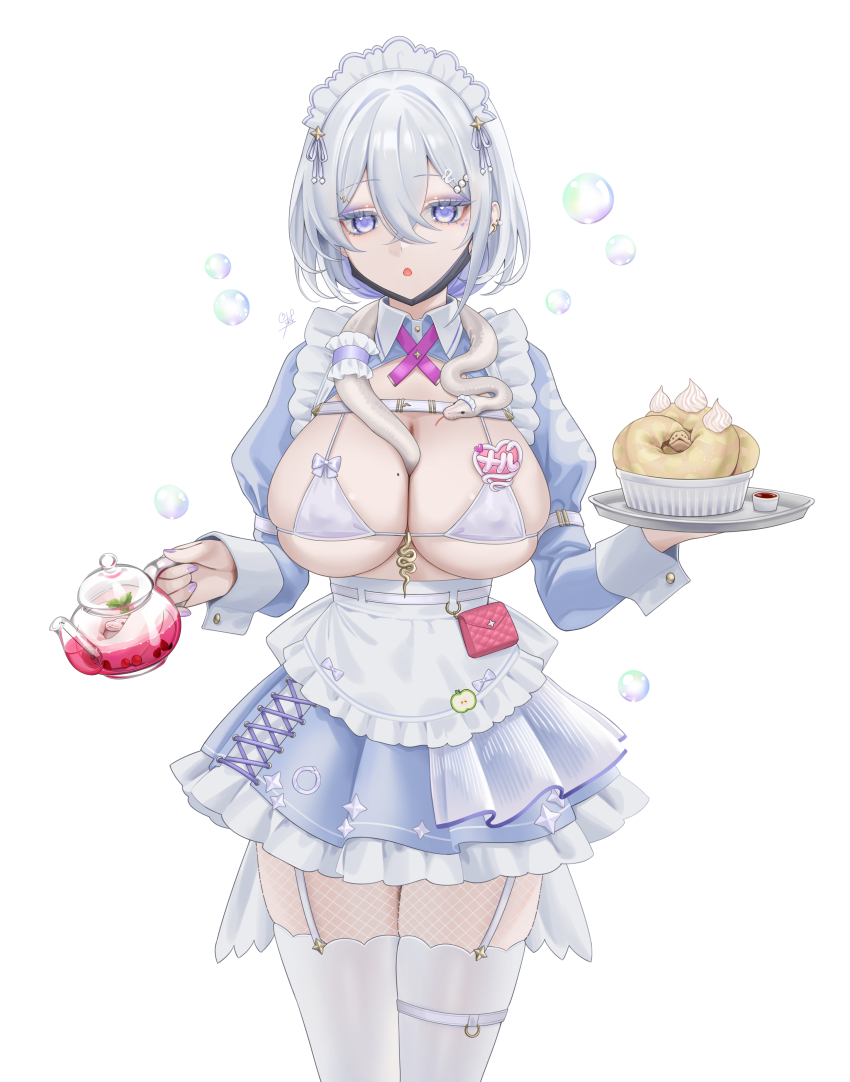1girl, :o, absurdres, alternate_costume, apron, bag, between_breasts, bikini