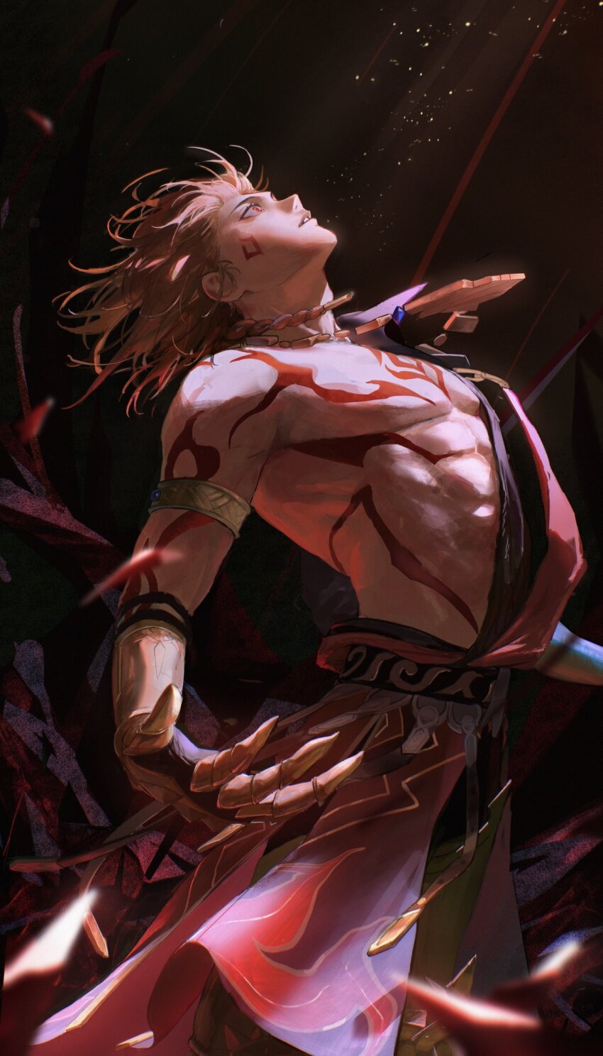 1boy, abs, aonon_040, arm_tattoo, armlet, armored_boots, bare_pectorals, black_coat