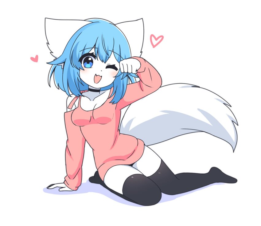 1girl, :3, ;d, animal_ears, arm_support, arm_up, bare_shoulders, black_choker