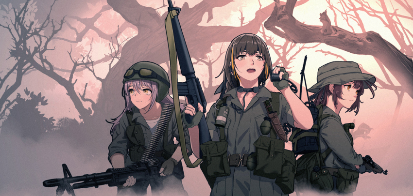 3girls, ammunition_belt, assault_rifle, bandolier, battle_rifle, belt, combat_helmet, combat_knife