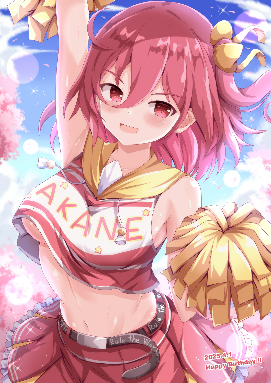1girl, :d, arm_up, blue_sky, blush, breasts, cheerleader, cloud