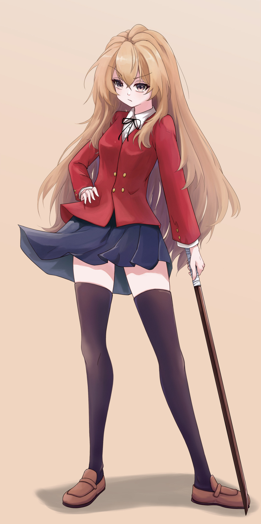 1girl, :/, absurdres, aisaka_taiga, black_ribbon, black_thighhighs, blazer, blue_skirt