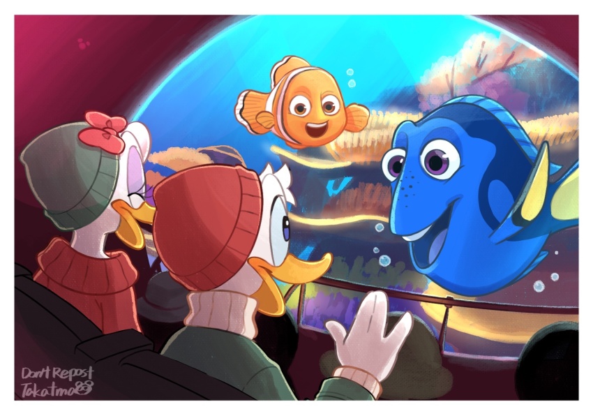2boys, 2girls, bow, daisy_duck, disney, donald_duck, dory_(finding_nemo), duck_girl