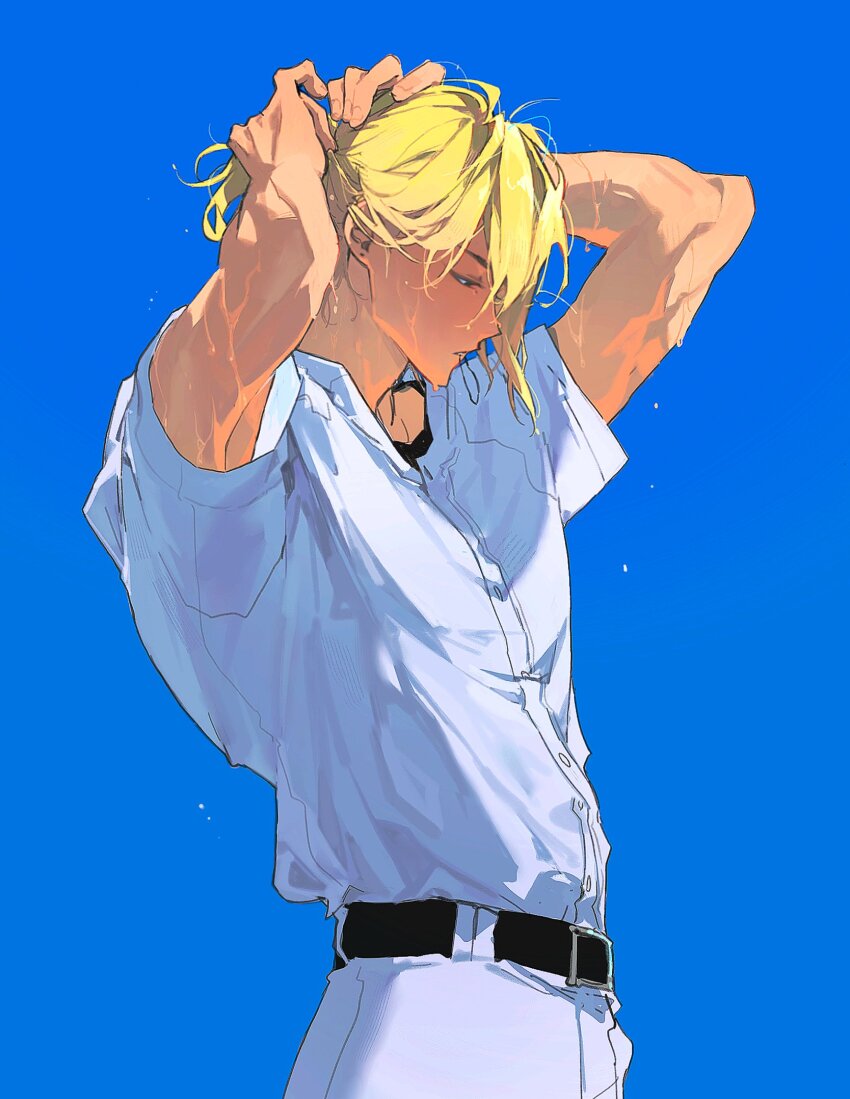 1boy, arms_up, baseball_uniform, belt, black_belt, blonde_hair, blue_background, boukyaku_battery, buttons, chinese_commentary, collared_shirt, commentary_request, cowboy_shot, highres, looking_down, male_focus, open_collar, pants, shirt, short_sleeves, solo, sportswear, standing, sweat, todo_aoi_(boukyaku_battery), toned, toned_male, tying_hair, very_sweaty, white_pants, white_shirt, wuching16