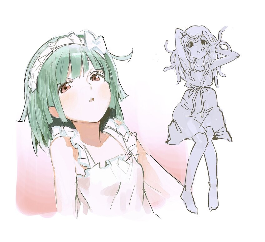 1girl, arms_behind_head, barefoot, bow_hairband, brown_eyes, deezydays, dress, dual_persona, frilled_hairband, frills, god_nadeko, green_hair, hairband, highres, long_hair, medium_hair, monogatari_(series), parted_lips, sengoku_nadeko, sengoku_nadeko_(sundress), short_hair, simple_background, sketch, sleeveless, sleeveless_dress, snake_hair, straight_hair, sundress, white_background, white_dress