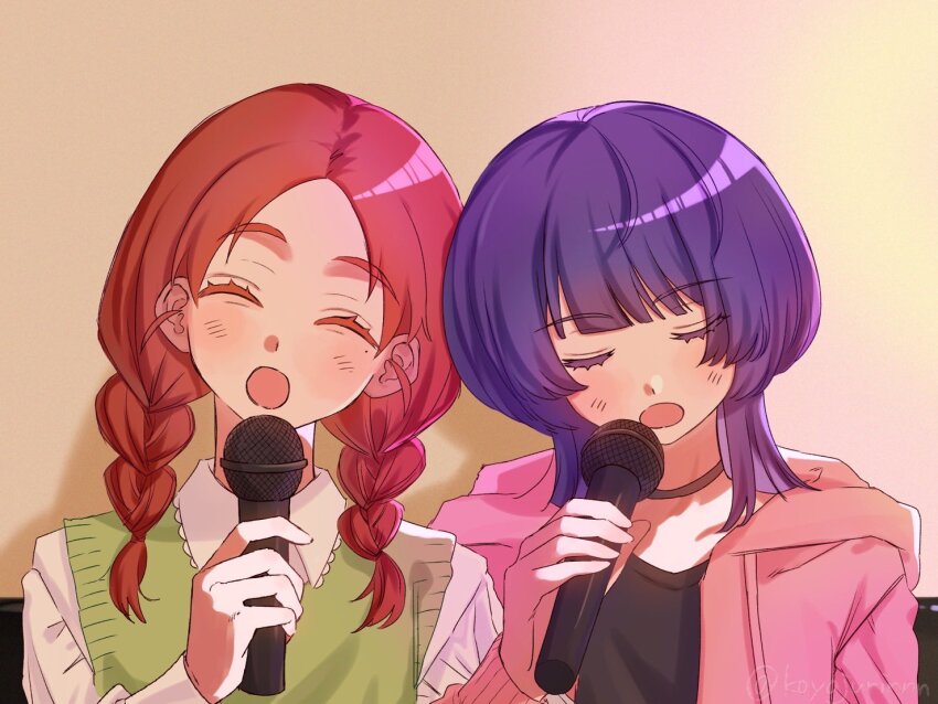 2girls, :o, ^_^, black_shirt, blunt_bangs, blush, braid, choker